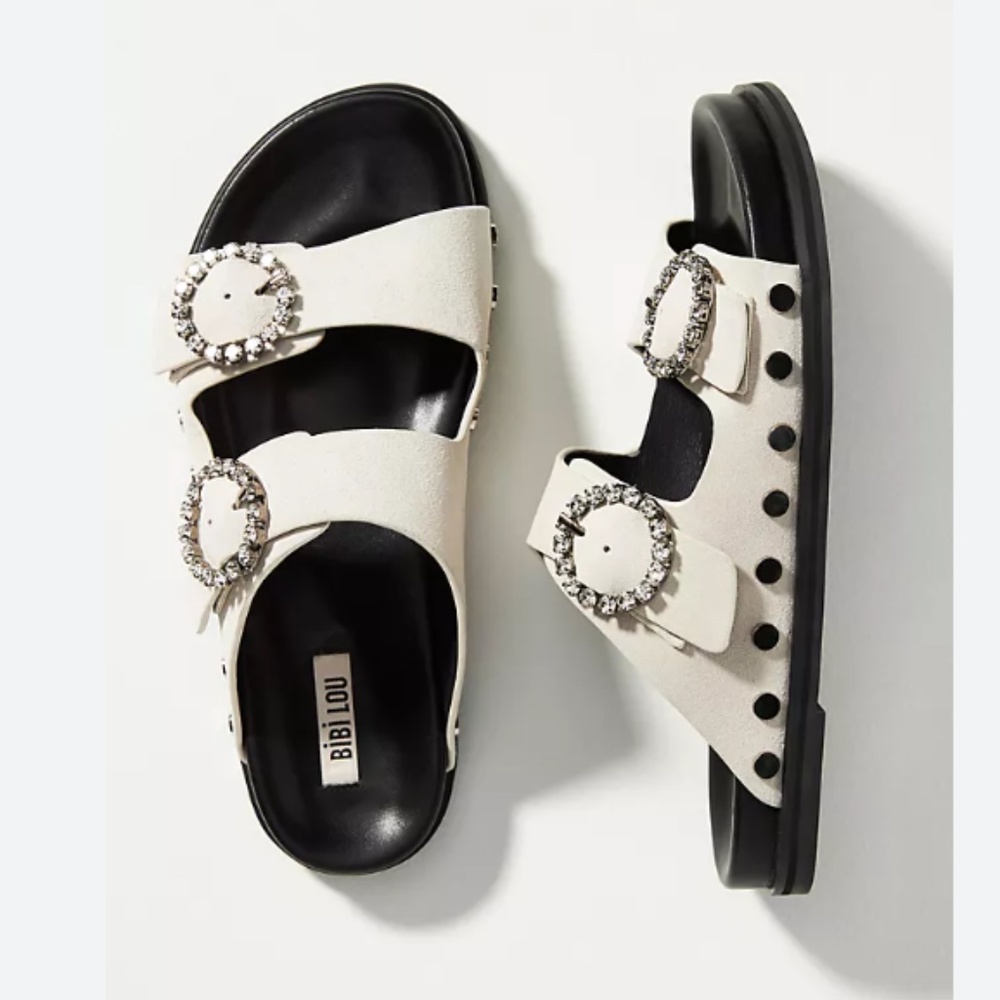 Bibi Lou White Jeweled Buckle Slide Sandals